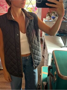 Peter Millar Quilted Sleeveless Vest in Charcoal with Brown Trim